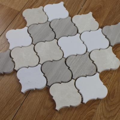 China Parquet CREMA MARFIL MARBLE ARABESQUE LANTERN MIXED WOOD GRAY GLUTED MOSAIC SLAB for sale