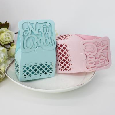 China Food laser cut baby shower candy boxes hollow out gift box wedding favors box with sticker and ribbon for sale