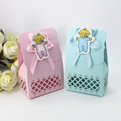 China Food Exquisite Hollow Out Laser Cut Baby Shower Candy Boxes Gift Box Wedding Favors Box With Sticker And Ribbon for sale