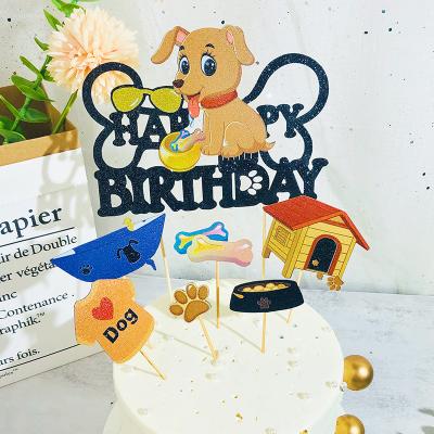 China Plug & Play Cute Little Dog Paper Cute Party Happy Birthday Cake Topper Birthday Decoration Cake Ornament Card Accessory for sale