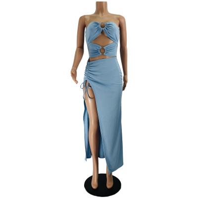 China Breathable hollow out women's clothing tie rope slim fit sexy women's show legs irregular sky blue dress for sale