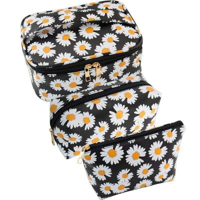 China Daisy Print Makeup Bags Women White Waterproof 3 Pack Cosmetic Bag Set PU Leather Travel Toiletry Case Beauty Pouch Organizer For Women for sale