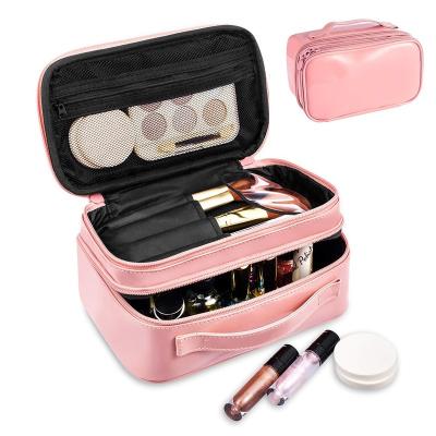 China Multifunctional Custom Pink Cosmetic Bag Toiletry Bag Organizer, Portable Shiny Leather Pouch Travel PU Makeup Brush Holder Make Up Bag for sale