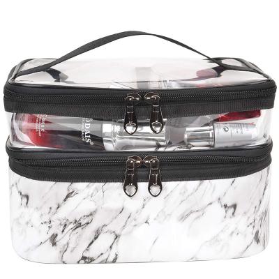 China Large Capacity White Marble Makeup Bags Double Layer Travel Cosmetic Cases Large Capacity Make Up Organizer Waterproof PU Leather Toiletry Bags for sale