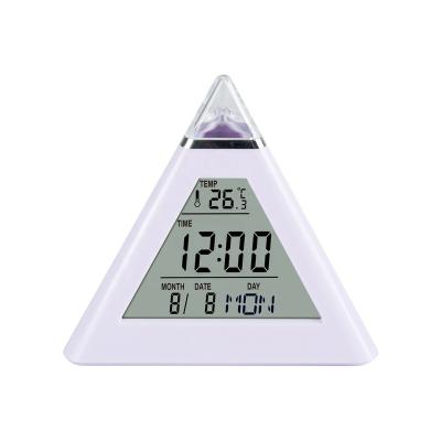 China 2021 Antique Style Factory Price Promotion Clock Color Changing Table Alarm Clock LCD Triangle Light Clock for sale