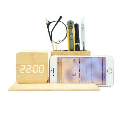 China Class Functional ET544P MDF Phone Stand Wooden Pen Stand Led Table Clock for sale