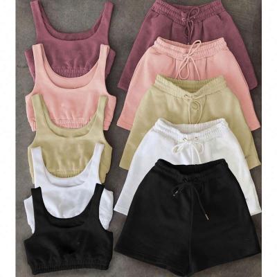 China Custom Logo Brand Cotton Summer Design Anti-Wrinkle Crop Bra And Pocket Top Biker Shorts Matching Tracksuit Outfits Cropped Two Piece Sets for sale