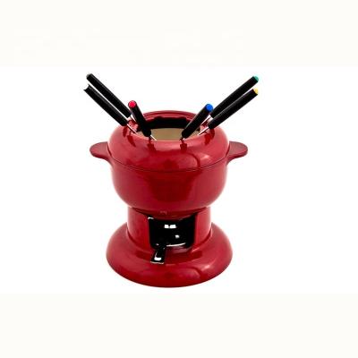 China Sustainable Cast Iron Fondue Pot Set Red Burner Forks Hold Pot Complete for sale