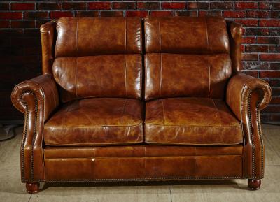 China Retro Vintage Living Room 2 Seater Leather Sofa With Double Layer Back Cushion for sale