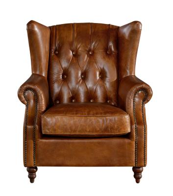 China Georgian Style High Backed Winged Leather Chairs , Brown Leather Armchair Deep Buttoned Back for sale