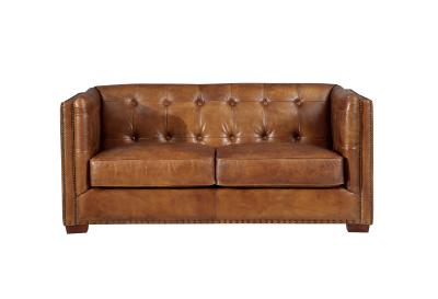 China Vintage Tan Brown 2 Seater Leather Sofa Solid Wood Frame Living Room Furniture for sale