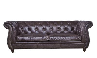 China Vintage Dark Brown Leather Three Seater Sofa Fine Upholstering Buttons Strong Frame for sale