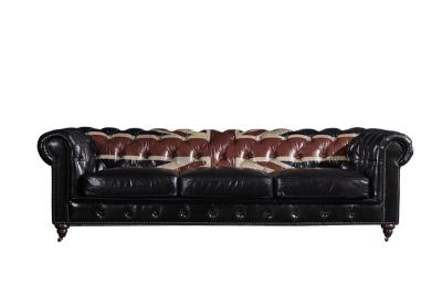 China Europe Retro Black Three Seater Leather Chesterfield Couch With Union Jack for sale