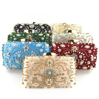 China Cotton fabric ladies handbags 2022 handmade rhinestones flower evening clutches beaded purse female party luxury handbags for women for sale