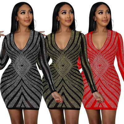 China Anti-Wrinkle You Make Club Dress CY9396 Fashion Night Club Sexy Rhinestone Long Sleeve Club Series Dress Women 2022 for sale