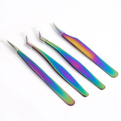 China Low MOQ Precise Closing Custom Tweezers Logo Stainless Steel Eyelash Rainbow Grafting Tweezers Colorful for sale