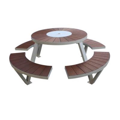 China Modern Gavin Site Furniture Steel and WPC Outdoor Round Tables with Attached Commercial Seating Garden Patio Tables for sale