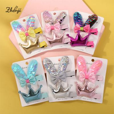 China 2pcs/set Sequin Bow Soft Baby Hairpins Cute Rabbit Ears Hair Clip 2pcs/set Children Cute Crown Clip for sale