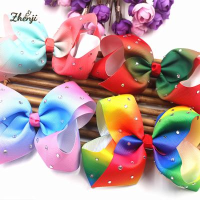 China 2022 new fashion gradient rainbow 6 inch rhinestone ribbon hair bow girls barrettes hair accessories for sale