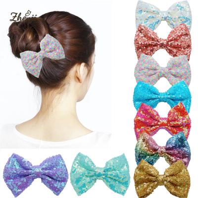 China Fashion Big Large 5 Inch Sequin Grosgrain Ribbon Hair Bow Clip Bowknot Headwear Kids Girls Hair Accessories for sale