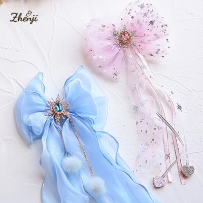 China Fashion Big Organza Lace Princess Glitter Snowflake Hair Bow With Blue Big Diamond Long Tail Ribbon Tulle Hair Bow For Girls for sale