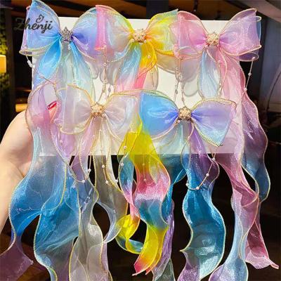 China 2022 New Princess Hair Accessories Rainbow Gradient Hair Bow Cute Girls Soft Long Ribbon Bow Hairpin for sale