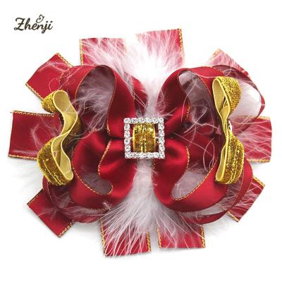 China European and American children girls fashion style ribbon feather hair bow clip colorful stacked layered accessories for sale