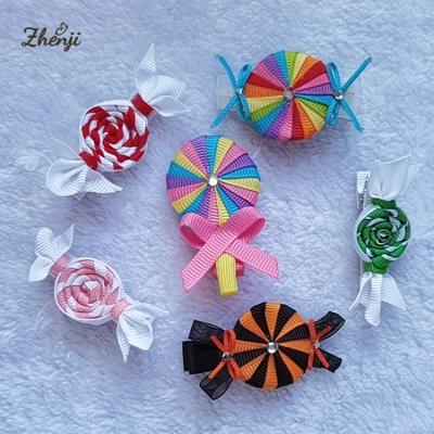 China Free Shipping New Year Party Christmas Ribbon Lollipop Candy Red Babies Hair Bow Clips For Kids Xmas Hair Accessories for sale