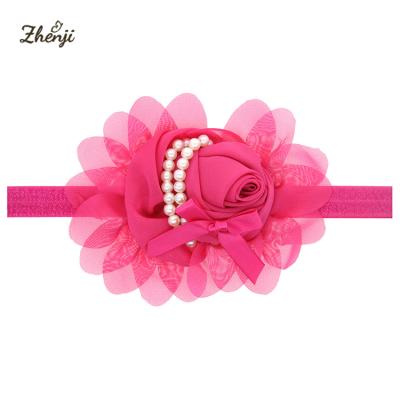 China Soft Pearl Rose Headbands Infant Baby Elastic Tulle Hair Band for sale