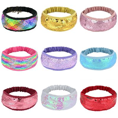 China Fashion Double Sided Headbands For Kids Reversible Princess Accessories Rainbow Girls Sequins Baby Hair Band Kids Turban Turban for sale