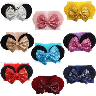 China Fashion Baby Hairband Headband Mickey Ear Sequin Bow Hair Band Wrap Nylon 2553 Wide Hair Accessories for sale