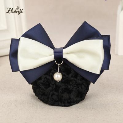 China Professional Official Lady Hair Cover Net Fashion Satin Pearl Bow Women Bun Snood Hair Clip Headband Hairnets for sale