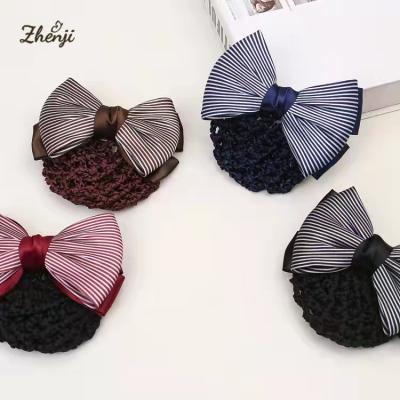 China Korean fashion satin flower ribbon bow professional hotel hostess bank hostess head hair net with spring hair clip for sale