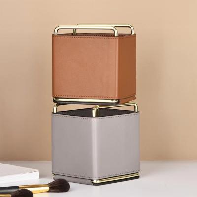 China Match It Personalized Hanging Storage Box Imitated Leather Collapsible Faux Leather Bins Organizer Fashionable Trash Cans For Office for sale