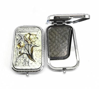 China Personal Care Vintage Rectangle Shape Crystal Glass Metal Double Sides Cheap Pocket Make Up Mirror for sale