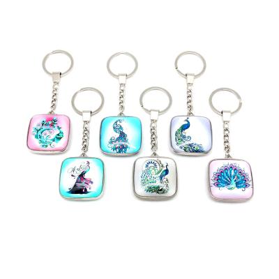 China Wholesale Custom Design China Peacock Square Metal Home Metal Crystal Glass Key Ring Key Chain for sale