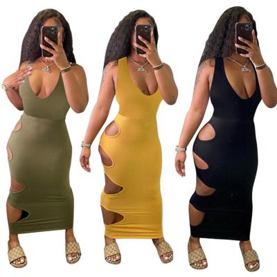 China 2021 Breathable Women's Deep V Neckline Sleeveless Casual Dresses Hollow Out Long Sexy Sundress Summer Streetwear for sale