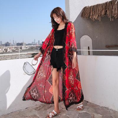 China Vintage New Design Breathable Lace Front Red Kimono 100%Cotton Women Breathable Long Sleeve For Summer for sale