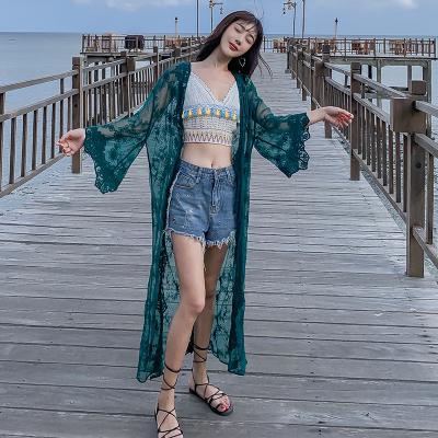 China New Arrival Breathable Women's Long Sleeve Green Robe Lace Kimono For Sun Protection for sale