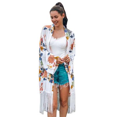 China New Design Breathable Flower Breathable Long Sleeve Beach Wear Tassel Kimono For Ladies Women for sale