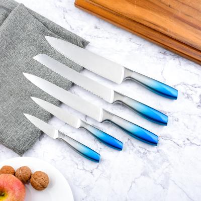 China Viable Gradient Color 5pcs Hollow Stainless Steel Handle Stainless Steel Kitchen Knife Set For Home Kitchen for sale