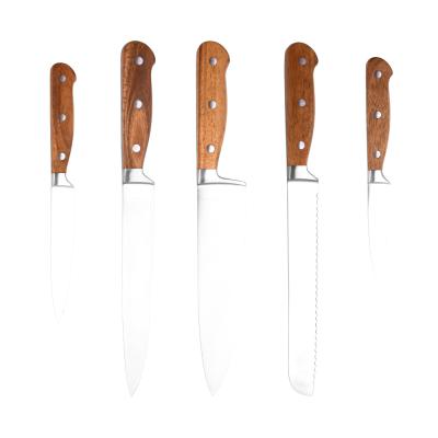 China Hot Selling Viable Walnut Wooden Handle 5pcs Classic Stainless Steel Kitchen Knife Set For Home Kitchen for sale