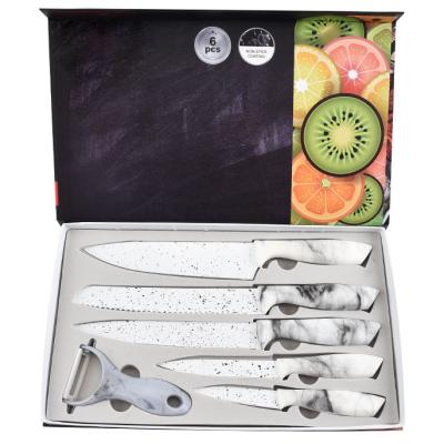 China High Quality Marble Coating Kitchen Knife Stocked 6 Pieces Stainless Steel Knife Set With Ccissors And Peeler for sale