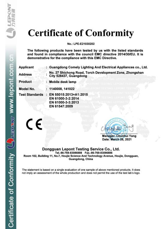 CE - Guangdong Comely Lighting And Electrical Appliances Co., Ltd.