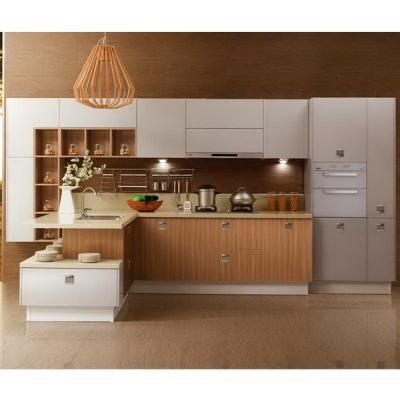 China Painting White Solid Wood Kitchen Cabinets With Wood Color Melamine Kithcen Doors for sale