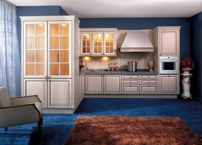 China Soild Wood / Maple White Kitchen Wall Cabinets With Glass Doors L Shaped for sale