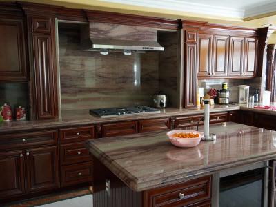 China Classic Villa Cherry Wood Kitchen Cabinets With Stainless Steel Appliances for sale