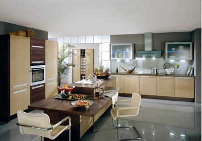 China Commercial Yellow Pvc Kitchen Cabinets With Island Bench L Shape Integrated Kitchen for sale