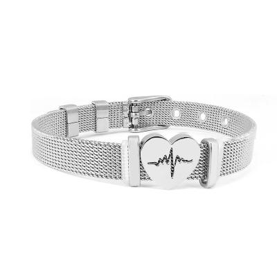 China Customized Adjustable Unisex Heart Cute Mesh Belt Bracelet Crystal Couples Charm Mesh Bracelet for sale