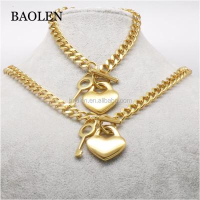 China Men's Gold Casual/Sporty Tone Double Curb Cuban Link Rombo Boys 316L Stainless Steel Heart Necklace Chain Bracelet for sale